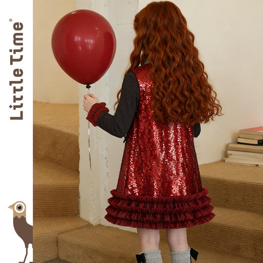 littletime女童连衣裙2025秋冬新款红色亮片蝴蝶结加绒花边公主裙 商品图3