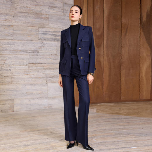 IWY/藏青色高端英伦风系带西装套装秋冬智感蓝调职场气质百搭牛仔蓝西装高腰显瘦直筒裤女CP2558 商品图1