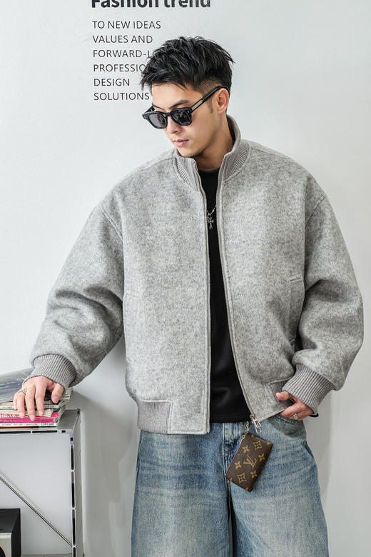 徐太浪【螺纹收口 双拉链】灰色毛呢夹克男秋冬款高级感休闲外套 商品图4