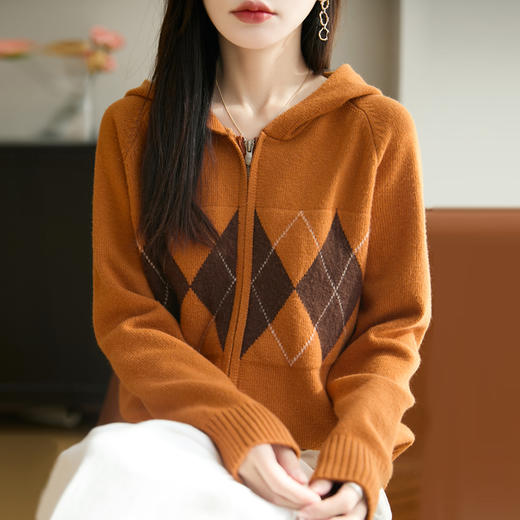 纤束马浣熊绒菱形格连帽开衫NG-2168 | 传递出复古文艺的英伦气息，是时尚界的永恒经典 商品图5