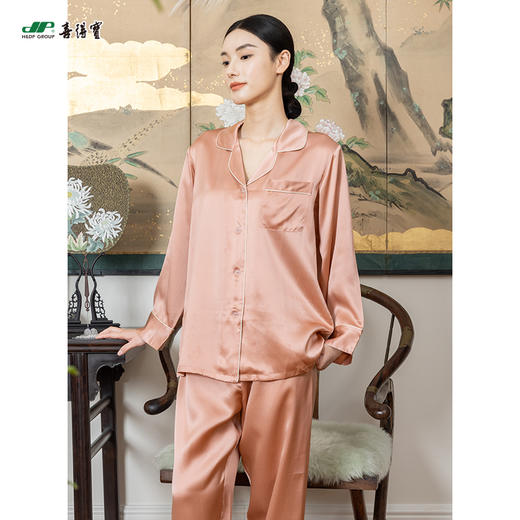 喜得宝重磅100%桑蚕丝情侣上下套睡衣居家素绉缎百搭 商品图1