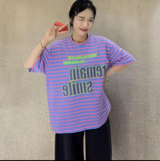 【实物颜色超显肤色白】水淼2026春新款一手长宽松时尚彩条T恤2749 商品图3