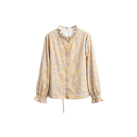 绽放838朵/纯棉细条灯芯绒花色木耳边长袖衬衫外套女新款叠穿衬衣 商品图4