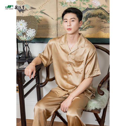 喜得宝100%桑蚕丝男士短袖重磅真丝纯色睡衣简约 商品图4
