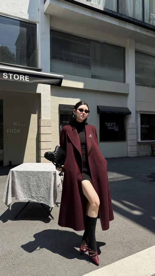 SZ6C09_紫檀色_大衣_秋冬_翻领长款双面呢系带收腰轻奢高级_高级女装_BERNIEELEN 伯妮斯茵 商品图3