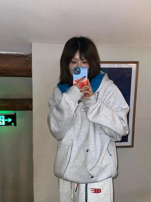 AD情侣款拼色设计开衫条纹全拉链连帽外套卫衣 商品图2