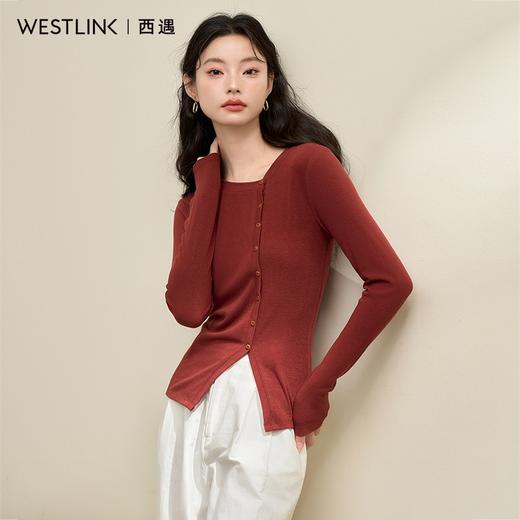 西遇法式针织上衣T恤女新款红色复古不规则修身针织衫13442542 商品图1