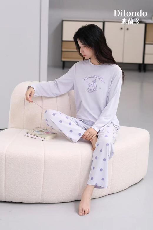长袖长裤丝光棉圆领女款套装睡衣舒适透气 商品图0