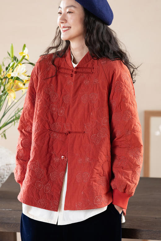 牧衣游原创 60支机绣涧棉棉衣薄款新中式红色复古宽松棉服 一见喜 商品图5