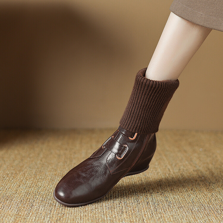 【预售5天】加绒毛线口复古妈妈皮鞋低跟舒适冬坡跟短靴圆头皮靴子秋冬季单靴LD&6955