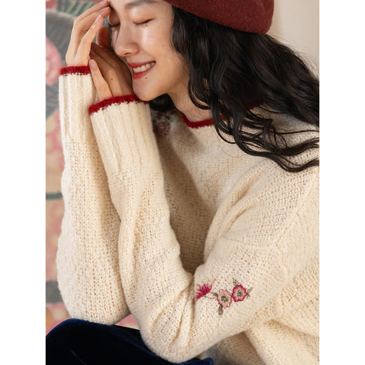 牧衣游原创 毛织手工刺绣毛织套头衫软糯保暖红色氛围毛衣女 暮冬 商品图1