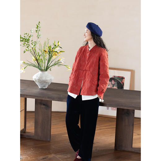 牧衣游原创 60支机绣涧棉棉衣薄款新中式红色复古宽松棉服 一见喜 商品图3