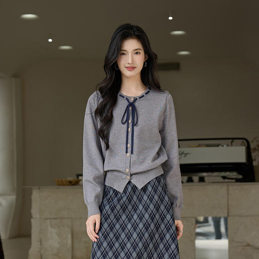 奢姿大码女装小香风针织开衫胖妹妹系带圆领短款毛衣纽扣长袖上衣 商品图2