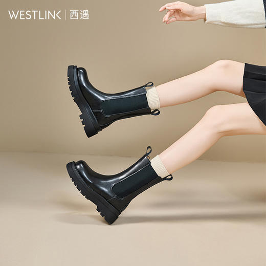 西遇厚底切尔西靴女冬季新款英伦黑色小个子增高显瘦短靴子V0057360 商品图0