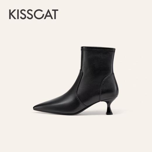 「KISSCAT接吻猫[巴黎侧影]25冬尖头细跟真皮短靴加绒时装靴瘦瘦靴」 商品图5