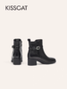 「KISSCAT接吻猫25冬季新款显瘦粗跟矮靴增高法式真皮黑色时装靴女」 商品缩略图5