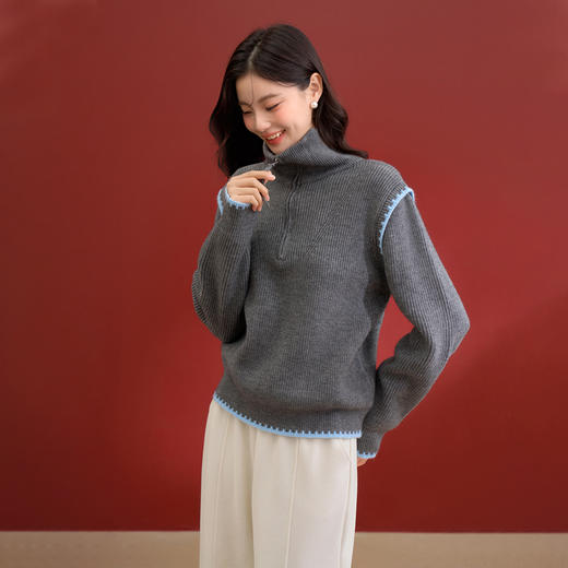 西遇撞色花边半拉链套头毛衣女冬季新款韩系慵懒风百搭上衣V4255443 商品图2