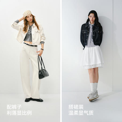 森马牛仔外套女春季短款翻领落肩宽松做旧2026新款工装风高街夹克 商品图4