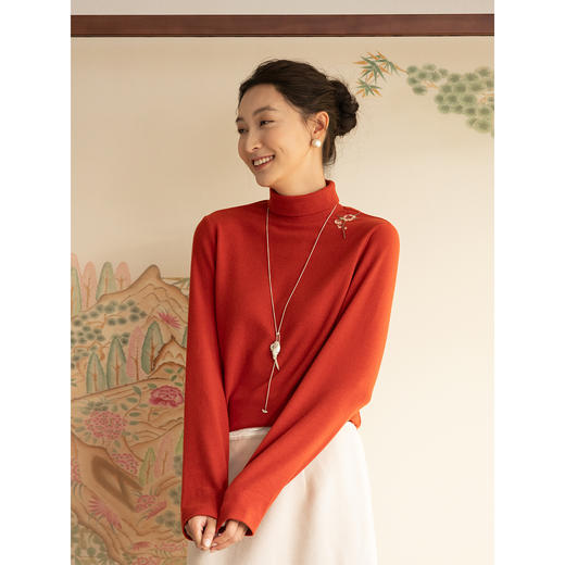 牧衣游原创棉混纺手工刺绣T恤简约纯色舒适打底长袖高领上衣 霞落 商品图2