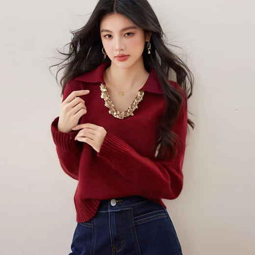 西遇红色毛衣女2025年冬季新款V领亮片宽松百搭打底针织衫SS060011 商品图0