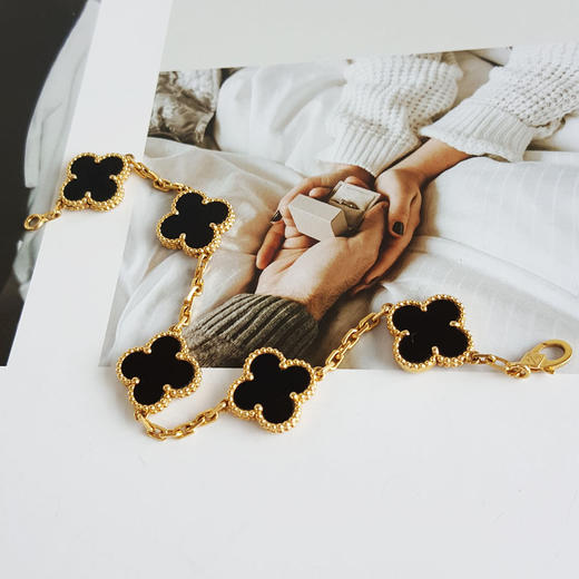 【95新】VCA梵克雅宝Vintage Alhambra系列VCARA4130018K黄金镶黑玛瑙四叶草黑五花手链链长约19cm女士 281125TJ42 商品图2