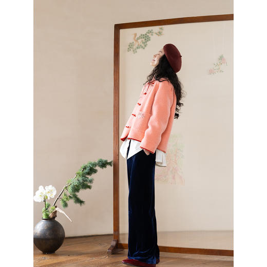 牧衣游原创 刺绣进口羊毛混纺羊羔毛毛呢外套新中式红色新年 风雲 商品图2