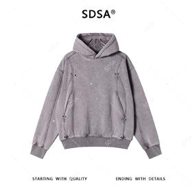 SDSA男士秋冬新款痞帅男装F美式复古做旧重工解构拼接连帽卫衣潮