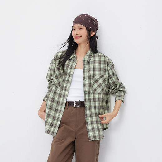 森马长袖衬衫女春季中长款oversize翻领落肩格纹上衣女生复古衬衣 商品图2