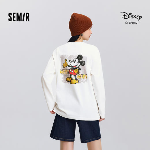 森马迪士尼合作系列长袖T恤女春季中长款米奇宽松落肩复古风上衣 商品图0