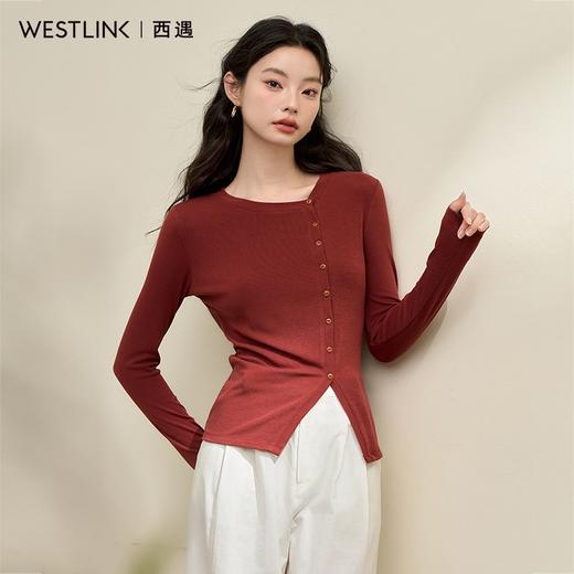西遇法式针织上衣T恤女新款红色复古不规则修身针织衫13442542 商品图0