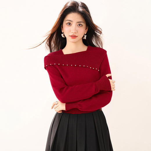 西遇红色毛衣女2025年冬季新款方巾领洋气减龄打底针织衫SS060013 商品图2