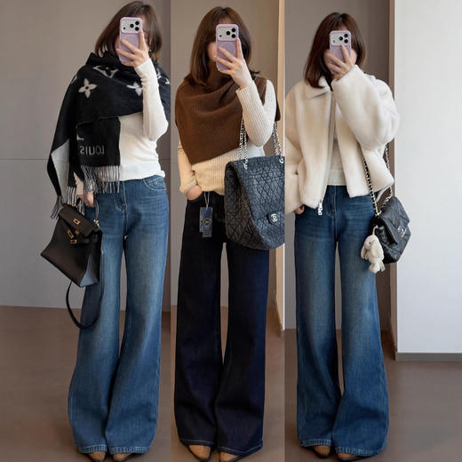 立体剪裁！2025四面弹做旧复合加绒修身塑形高腰直筒喇叭牛仔裤！ 商品图0
