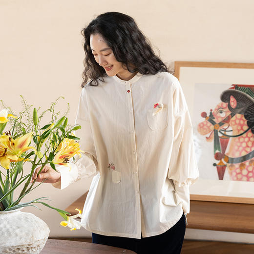 牧衣游原创 60支净棉手工刺绣衬衫新款质朴立领轻薄百搭衬衣 南鸢 商品图0