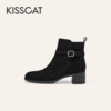 「KISSCAT接吻猫25冬季新款显瘦粗跟矮靴增高法式真皮黑色时装靴女」 商品缩略图3