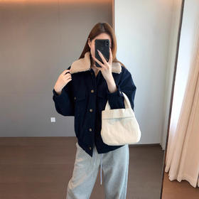 韩女范儿！2025磨绒灯芯绒工艺宽松小短款可拆卸毛领灯芯绒外套！