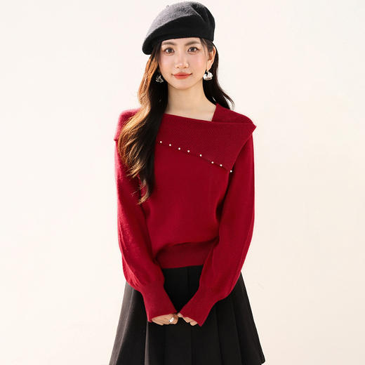 西遇红色毛衣女2025年冬季新款方巾领洋气减龄打底针织衫SS060013 商品图1