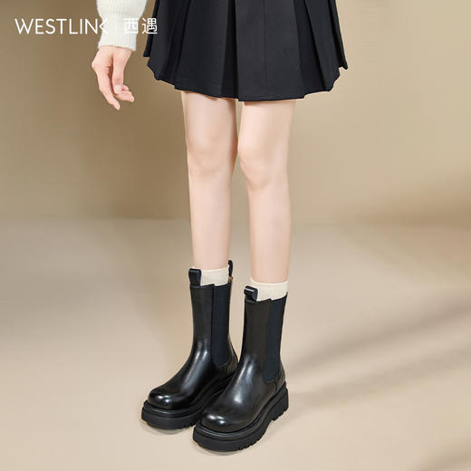 西遇厚底切尔西靴女冬季新款英伦黑色小个子增高显瘦短靴子V0057360 商品图1