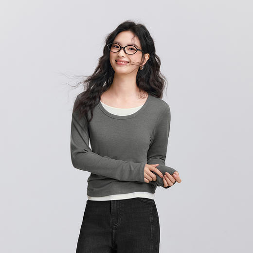 森马长袖T恤女春季圆领正肩修身假两件衣服基础气质潮流显瘦内搭 商品图2