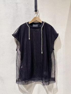 女款透纱拼接短袖T恤he