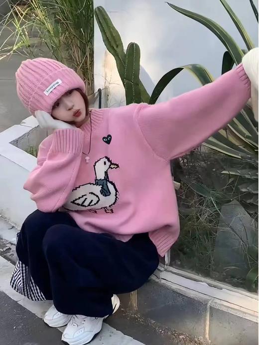 D121104柔和粉色俏皮减龄温柔风圆领套头针织衫女 商品图1