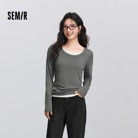 森马长袖T恤女春季圆领正肩修身假两件衣服基础气质潮流显瘦内搭