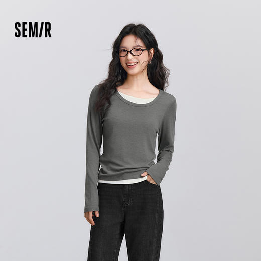 森马长袖T恤女春季圆领正肩修身假两件衣服基础气质潮流显瘦内搭 商品图0