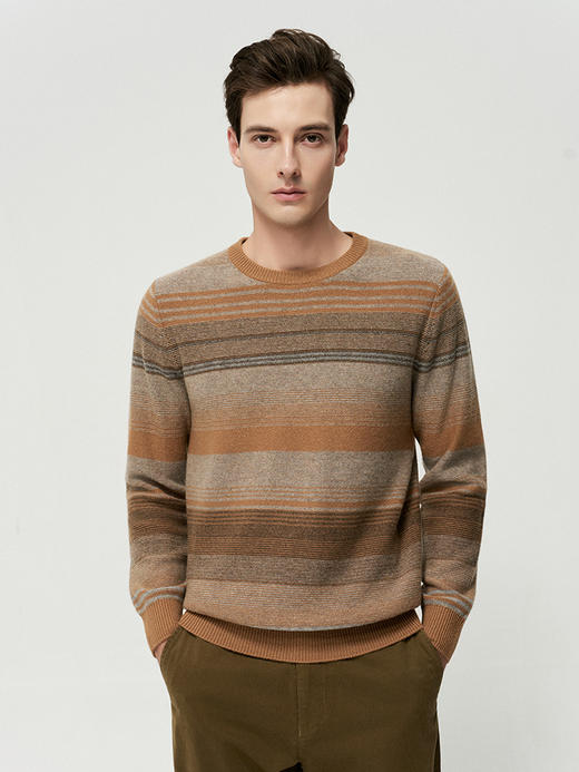 【圆领条纹撞色羊绒衫】羊绒世家秋冬新品男士100%山羊绒内搭保暖针织毛衣 商品图0