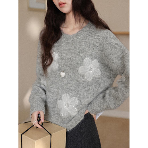 鹿向南「寻梦之旅」灰色圆领长袖毛衣秋冬新款刺绣时尚宽松上衣女 商品图3