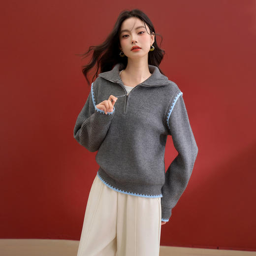 西遇撞色花边半拉链套头毛衣女冬季新款韩系慵懒风百搭上衣V4255443 商品图3