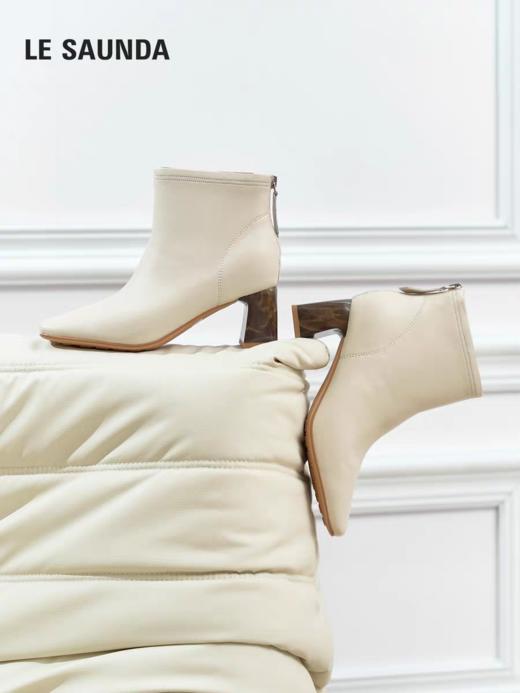 莱尔斯丹琥珀奶油2025秋冬新款方头真皮粗跟白色短靴子女6T60901 商品图1