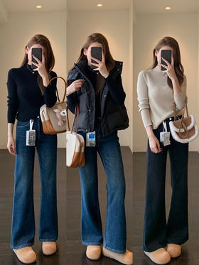 秒变超模腿！2025秋冬复古猫须水洗色系百搭显瘦微喇牛仔裤女款！