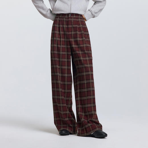 森马休闲裤女春季格子打褶拖地裤宽松垂坠感街头美式复古风阔腿裤 商品图2