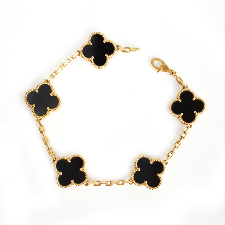 【95新】VCA梵克雅宝Vintage Alhambra系列VCARA4130018K黄金镶黑玛瑙四叶草黑五花手链链长约19cm女士 281125TJ42
