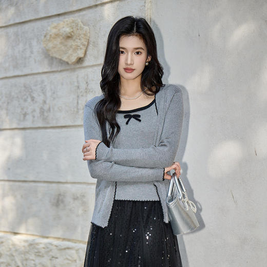 奢姿大码女装2025秋季减龄蝴蝶结针织两件套胖妹妹时尚上衣套装9653953687AB 商品图2